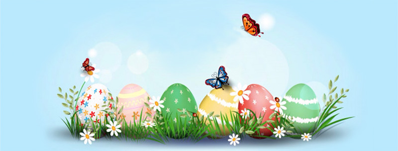En digital illustration av ett påsklandskap. En rad med färgglada påskägg, dekorerade med olika mönster, står i grönt gräs med små vita prästkragar. Tre fjärilar flyger runt äggen på en ljusblå bakgrund.